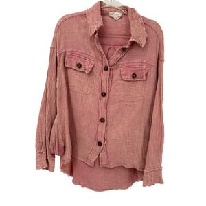 Oli & Hali Pink Gauze Button Down Shirt Oversized Boho Raw Hem Shirt Small